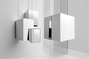Mirrors are suspended parallel to each other in the white background space.