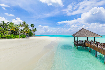 Best tranquil Maldives island, luxury over water villas resort aerial view. Beautiful sunny sky. Sea bay lagoon beach background. Summer vacation holiday. Paradise shore exotic landscape pristine blue
