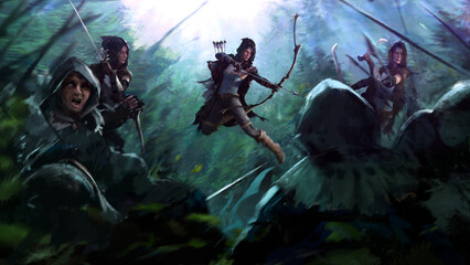 Epic massive battle in the forest. battle of many heroes and villains, archer, swordsman, assassin, spearman, shieldman. dynamic shot of a fight in the forest by moonlight. book illustration. 2d art © Николай Акатов