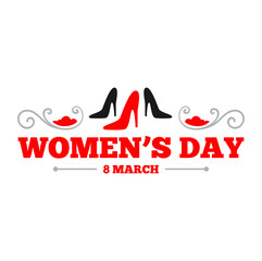 A poster for women's day with red and black shoes and a woman's shoes on it.