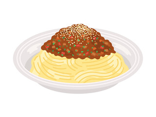 皿に盛り付けられた、ミートソースパスタのイラスト