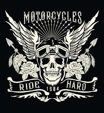 Motorcycle skull with helmet,wings.Tattoo design and t shirt printing