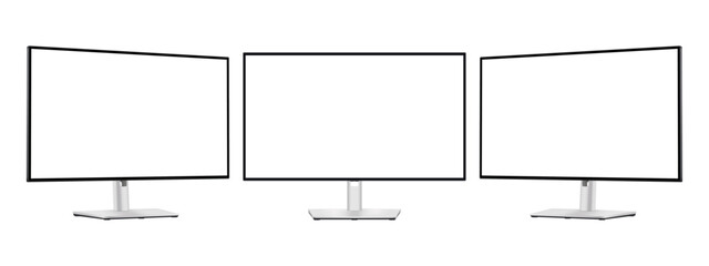 Modern Silver Computer Monitors With Blank Screens, Front and Side View, Isolated on White Background. Vector Illustration - obrazy, fototapety, plakaty