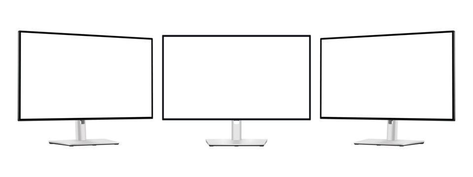 Modern Silver Computer Monitors With Blank Screens, Front and Side View, Isolated on White Background. Vector Illustration