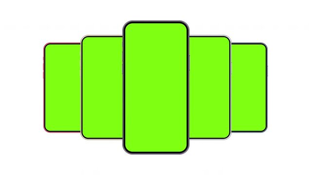 Smartphones Animated Mockups With Green Screens. Template for Showing Mobile Apps Screenshots, Isolated on White Background