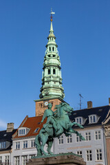 Copenhagen, Denmark  A statue of Absalon, city founder, on Højbro Plads  fro 1902 and the Nikolaj...