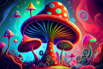 Fototapeta na wymiar Excellent Mushrooms, colorful, psychedelic, Digital, Illustration, Painting, Artwork, Scenery, Backgrounds. Generative Ai