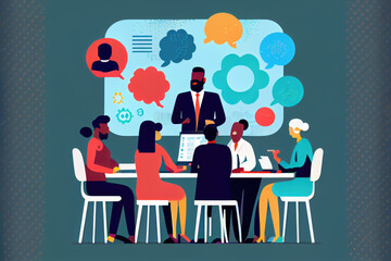 Obraz premium Generative AI illustration of black boss speaking to diverse colleagues during business meeting in office
