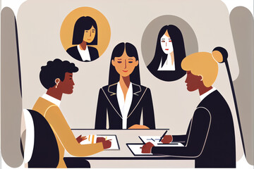 Fototapeta premium Generative AI illustration of diverse businesswomen sitting at table and signing contracts during business meeting in office