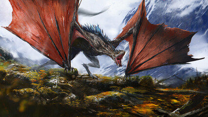 A beautiful large stone dragon with red wings opened its mouth and screamed, it has magic blue crystals on its back. stones and flowers underfoot, and behind it blue mountains and clouds. 2d art