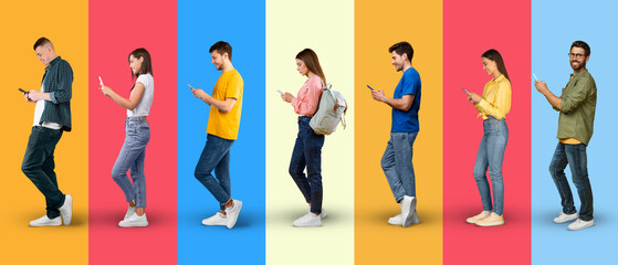 Obraz premium Smiling busy young european people in casual typing on smartphones, watch video