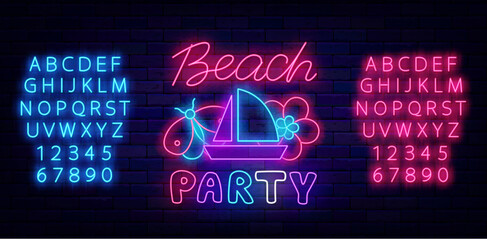 Beach party neon logotype. Boat, butterfly and flower. Season summer event advertising. Vector illustration