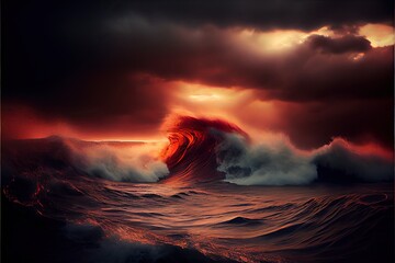 Fototapeta premium Generative AI illustration of stormy ocean, gold and red tones, dramatic