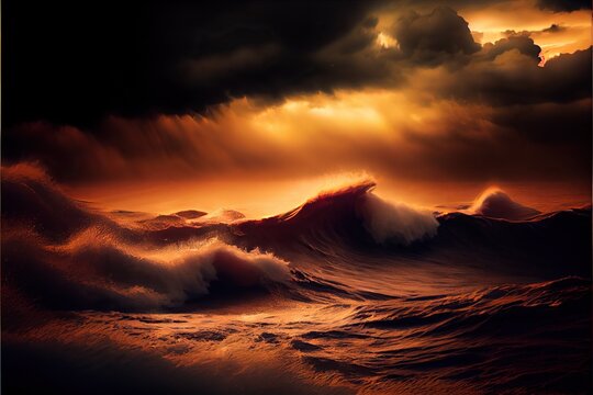 Generative AI illustration of stormy ocean, gold and red tones, dramatic
