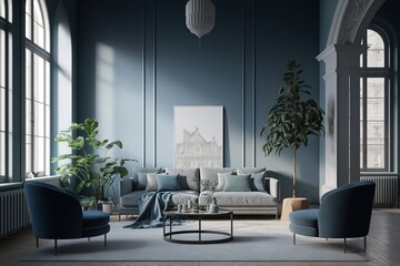 A modern living room, in a minimalist millenium crib, high ceiling and filled with warm blue and khaki colour as the wall blend in with the design of the furniture