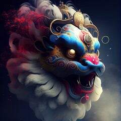 Generative AI illustration of anthropomorphic traditional Chinese lion dance, big round eyes, plump body, Chinese Spring Festival, luminous particles, smoke
