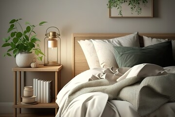 Minimalistic composition of bedroom interior with wooden bed, shelf, flowers in vase, rattan lamp, books and elegant accessories. Beautiful bed sheets, blanket and pillow. Template. Design home decor