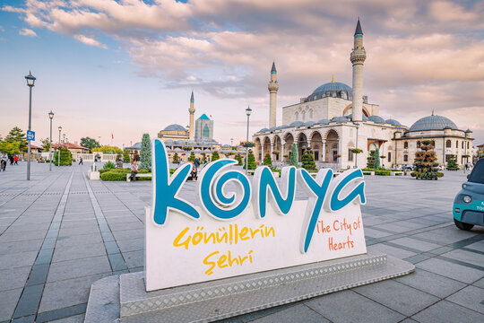 13 September 2022, Konya, Turkiye: Main square in Konya city with famous Mosque and Mevlana museum in the background