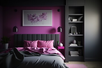 Bedroom in dark tone gray and viva magenta color