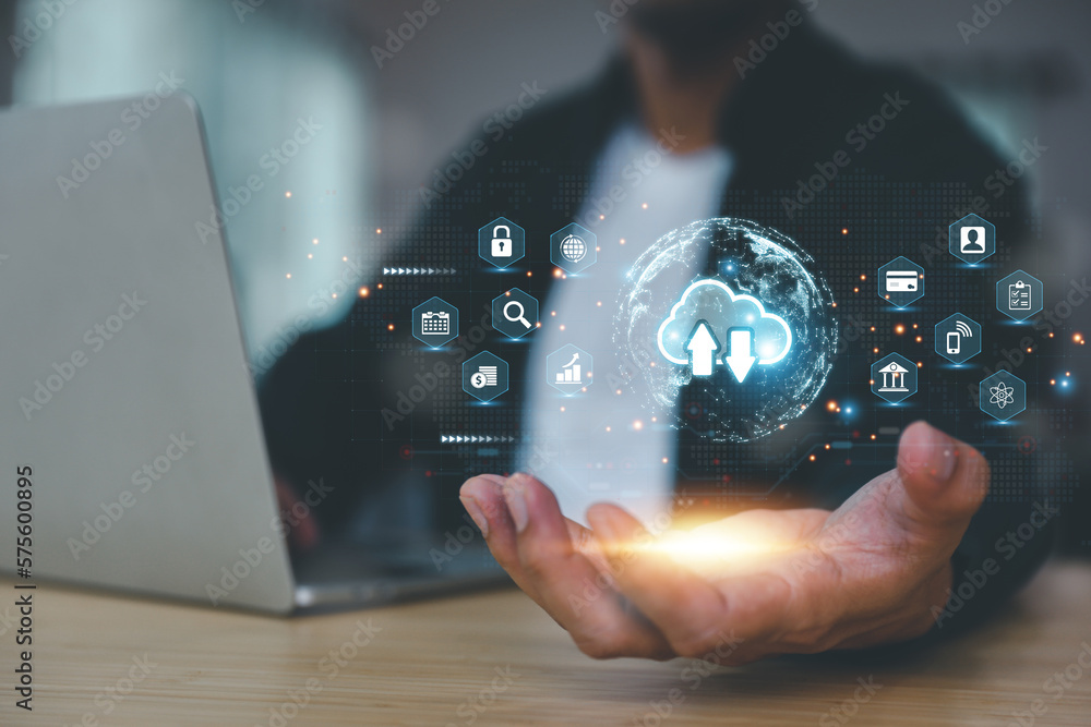 Poster database storage cloud technology file data transfer sharing, cyber, big data information for financ