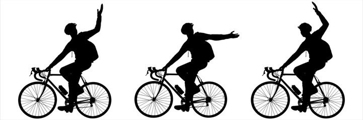 Obraz premium A guy in a protective helmet, with a large backpack on his back, rides a bicycle. A group of cyclists. A man on a bicycle raised his hand, greeting, calling, and invite to catch up. Side view.