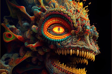 Obraz premium Generative AI illustration of higher, yoga relax chill out dmt visions spirit. 7 colored chakras meditation DMT hallucinations. Multiverse connected through a nervous system - trippy psychedelic