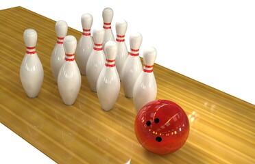 A group of bowling pins stands near a bowling ball on a lane 3D render