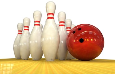 A group of bowling pins stands near a bowling ball on a lane 3D render