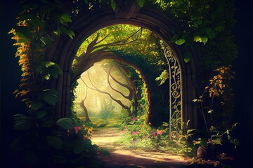 Generative AI illustration of unreal fantasy landscape with trees and flowers. Sunlight, shadows, creepers and an arch. Garden of Eden, exotic fairytale fantasy forest, Green oasis.