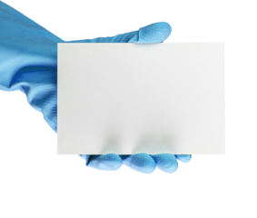 Blank gift card mockup for cleaning service ad. Hand in blue gloves holding empty certificate mock-up isolated on white background
