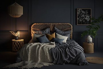 Dark bedroom interior mockup, wooden rattan bed on empty dark wall background, Scandinavian style