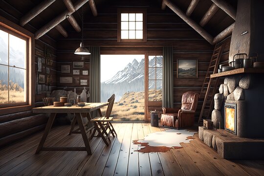 Rustic wooden mountain cabin interior