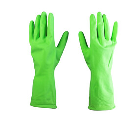 Obraz premium Cleaners green rubber gloves isolated on white background