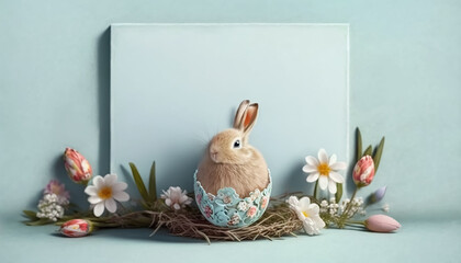 Easter theme with bunny and colorful eggs in flowers, leaves. On a pastel background. Spring nature. The illustration can be used for holiday design and greeting card.
