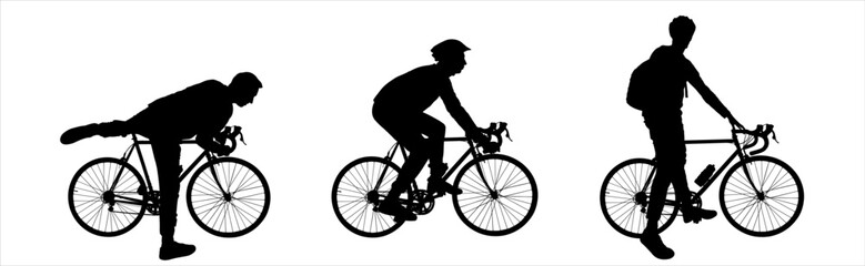 Fototapeta na wymiar A man put his leg up to get on the bike. A guy in a sports protective helmet on his head, with a backpack behind his back, with a bicycle in his hands. Side view. Black silhouette isolated on white