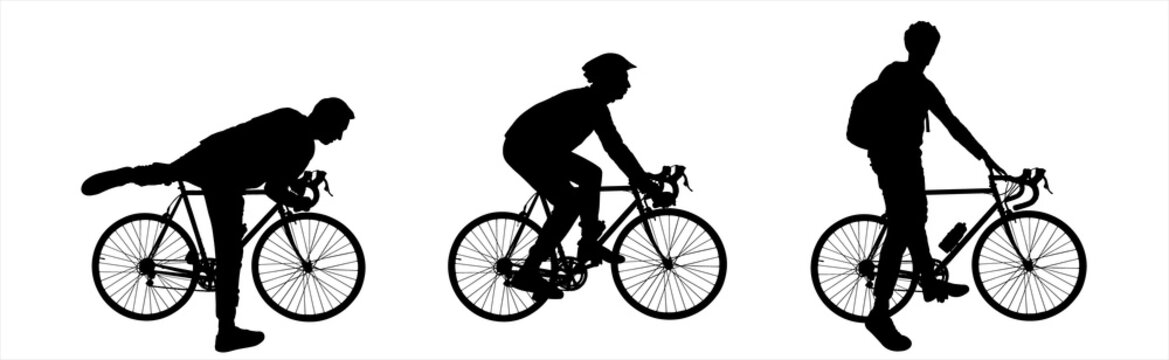 A man put his leg up to get on the bike. A guy in a sports protective helmet on his head, with a backpack behind his back, with a bicycle in his hands. Side view. Black silhouette isolated on white