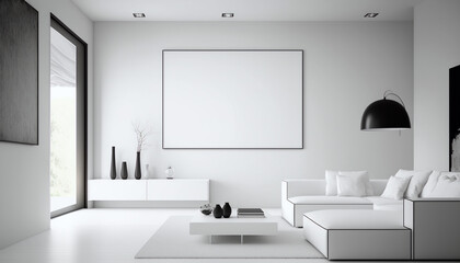 Fototapeta na wymiar White Blank Canvas Art Mockup in Modern Living Room - Generative AI