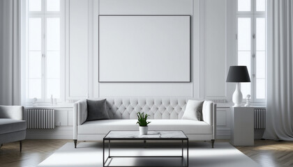 White Blank Canvas Art Mockup in Modern Living Room - Generative AI
