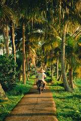 Motorcyclist durin sunrise in Ubud, Bali, Indonesia - obrazy, fototapety, plakaty