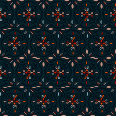 Ethnic floral mosaic tile. Abstract geometric ornamental seamless pattern. Vintage decorative ornament.