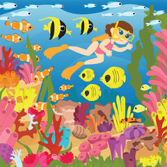 Fototapeta na wymiar Under the water near the coral reefs, children aqua divers swim together with fish, jellyfish and a stingray. Picture for children's puzzles.