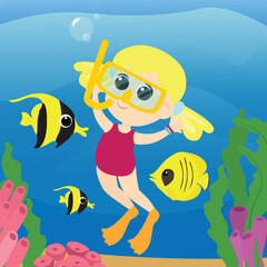 A happy girl in a swimsuit and fish swims near the coral reefs. Vertical scene in cartoon style.