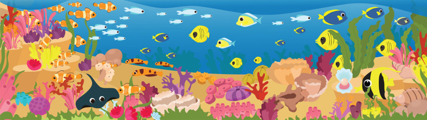Rich underwater world and many fish, algae and plants. A sea stingray swims near the coral reef. Horizontal scene in a cartoon style.