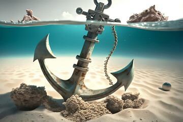 anchor in shallow water on a dream beach generative ai illustration - obrazy, fototapety, plakaty