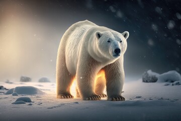 Obraz na płótnie Canvas The Lone Polar Bear Seemingly Gliding Over the Powdery White Snow