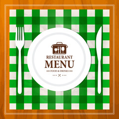 Restaurant menu food and drinks on a retro style. Plate, fork, knife, cutlery on green checkered tablecloth. Menu template