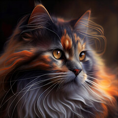 A painting of a cat with long whiskers and a black background Generative ai