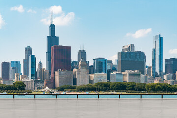 Naklejka premium Skyscrapers Cityscape Downtown, Chicago Skyline Buildings. Beautiful Real Estate. Day time. Empty rooftop View. Success concept.