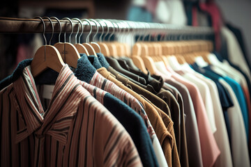 Fototapeta premium Colorful clothes hang on hangers. Illustration AI Generative