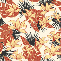 Modern seamless tropical pattern with bright flowers and plants on a beige background. Tropical botanical. Exotic jungle wallpaper. Colorful stylish floral. Vector design. Jungle print.